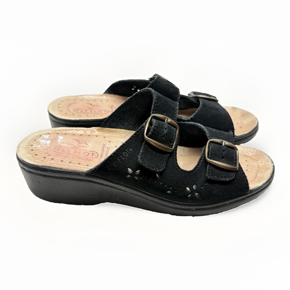Fly Flot Women's 37 US 6.5 Black Suede Anatomical Floral Cut Out Wedge Sandals